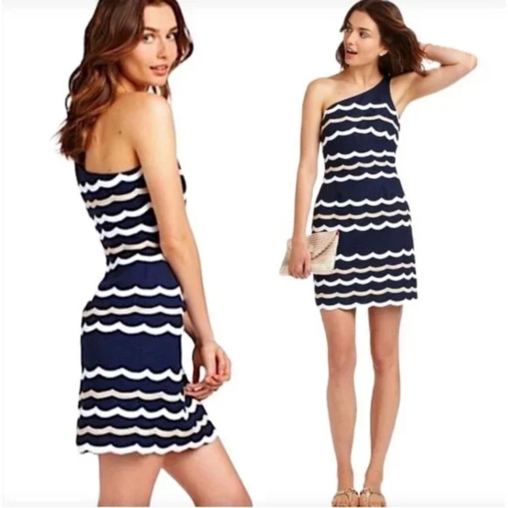 Lilly Pulitzer Navy and White One-Shoulder Scallop Dress